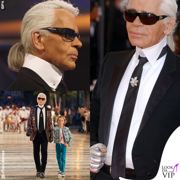 Karl Lagerfeld occhiali colletto gioielli guanti Hudson Kroenig