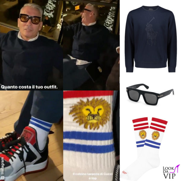 maglione Ralph Lauren (165 euro), occhiali Tom Ford (400 euro), calzini Jimmy Lion (12 euro), sneakers Fendi