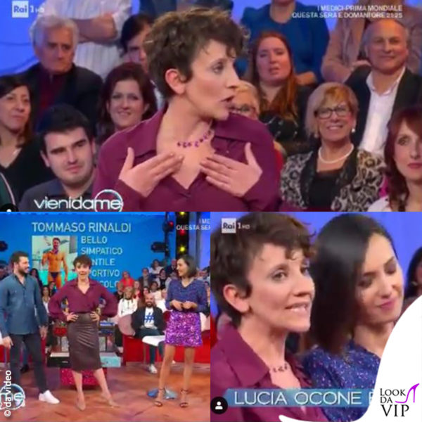 Lucia Ocone a Vieni da me Rai indossa camicia e gonna Morfosis e scarpe Le Silla