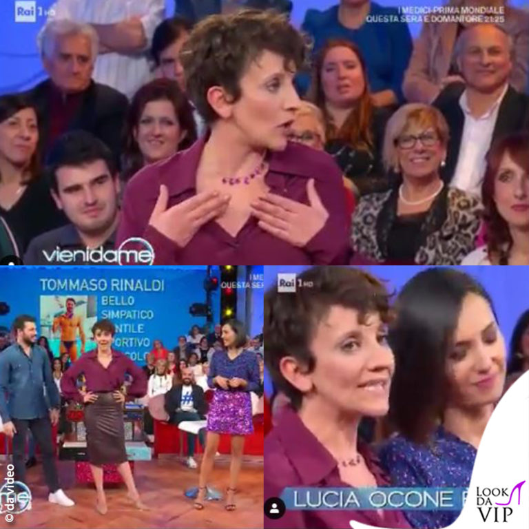 Lucia Ocone a Vieni da me Rai indossa camicia e gonna Morfosis e scarpe Le Silla