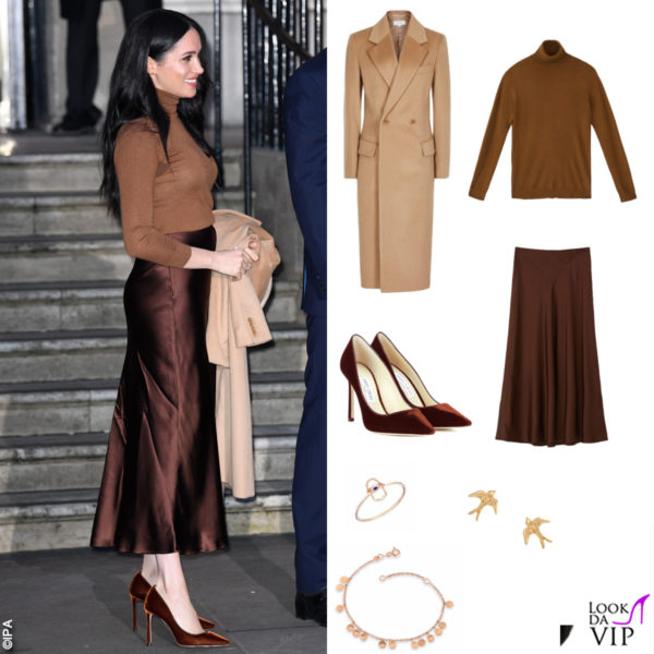 alcuni dei look di Meghan Markle nel 2019 - cappotto Reiss, dolcevita e gonna Massimo Dutti, pump Jimmy Choo, bracciale e anello Kismet, orecchini Catherine Zoraida