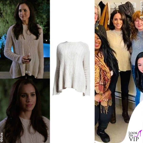a sinistra Meghan Markle in una puntata di Suits, a destra durante la sua visita a Vancouver, entrambe le volte con il maglione The Row