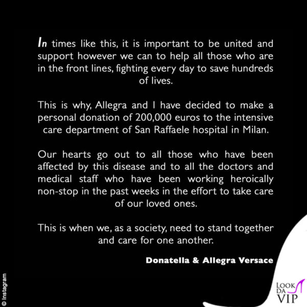 Donatella Versace annuncia sui social una donazione di 200mila euro
