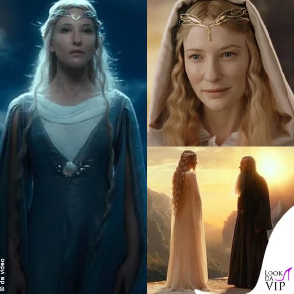 Le vesti di Galadriel sono bianche con ricami panna e si abbinano all'ambiente circostante