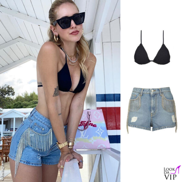 Chiara Ferragni a Forte dei Marmi indossa un bikini Calzedonia, occhiali Celine e shorts Chiara Ferragni Collection 