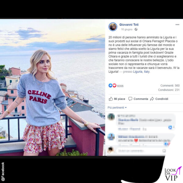 Ecco il post di Giovanni Toti in cui ringrazia Chiara Ferragni 