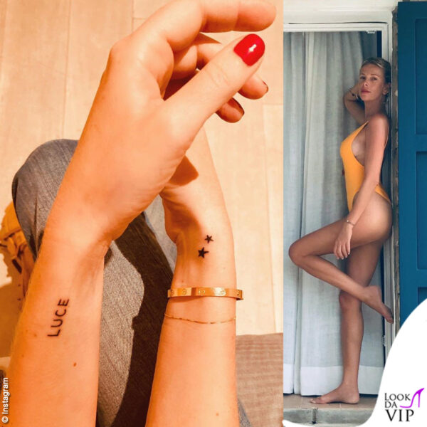 Tatuaggi sui polsi per Alessia Marcuzzi. Due stelle e una parola, Luce, che è diventata il suo marchio: sono tutti dedicati ai figli che ha dato alla luce