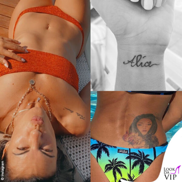 Ecco i tatuaggi di Bianca Guaccero: la scritta "Tata Tuni" sulla spalla, il nome della figlia, Alice, sul polso e una vistosa gheisha sulla schiena