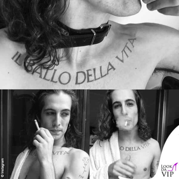 Damiano David dei Maneskin ha un enorme tattoo sul petto con il titolo del loro primo album: Il ballo della vita
