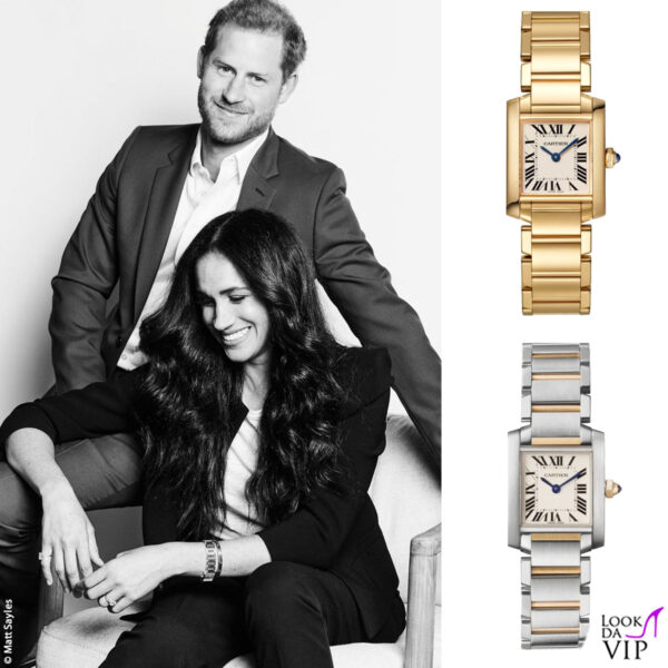 i due potenziali Tank di Cartier, quello in oro e il modello in metallo: quale starà indossando Meghan?