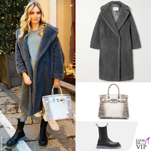 cappotto Max Mara, borsa Hermès, stivali Bottega Veneta