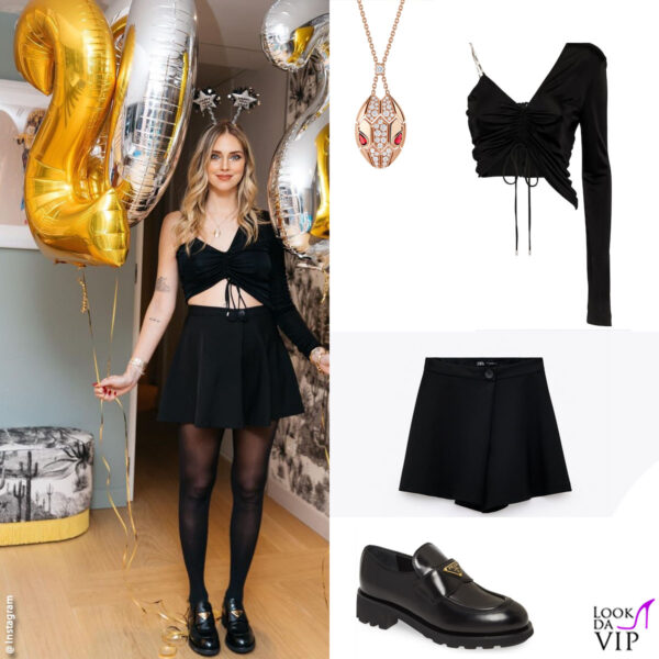 top The Attico, gonna Zara, mocassini Prada, collana Bulgari