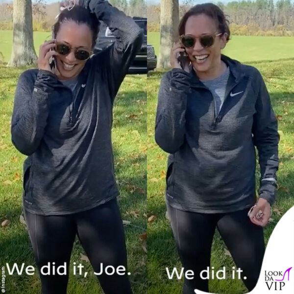 Kamala (in Nike) si congratula con Biden per la vittoria