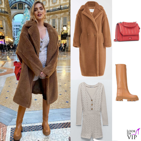 Chiara Ferragni, cappotto Max Mara, tuta Zara, stivali Gia Couture e borsa Lancel