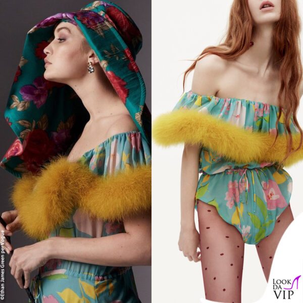 Gigi tra piume e fiori, la tuta è firmata Saint Laurent