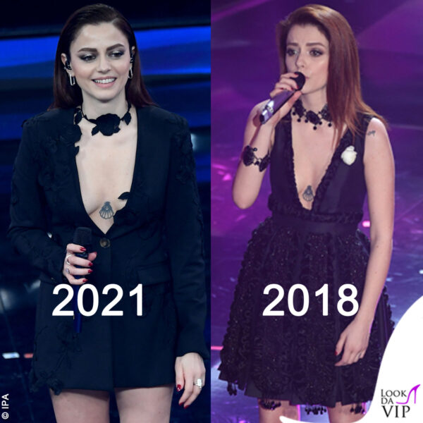 Effetto déjà vu per Annalisa: il nero, la scollatura, il tatuaggio, il collier... con l'abito Blumarine ricorda l'edizione 2018 (in cui indossava Dsquared2)