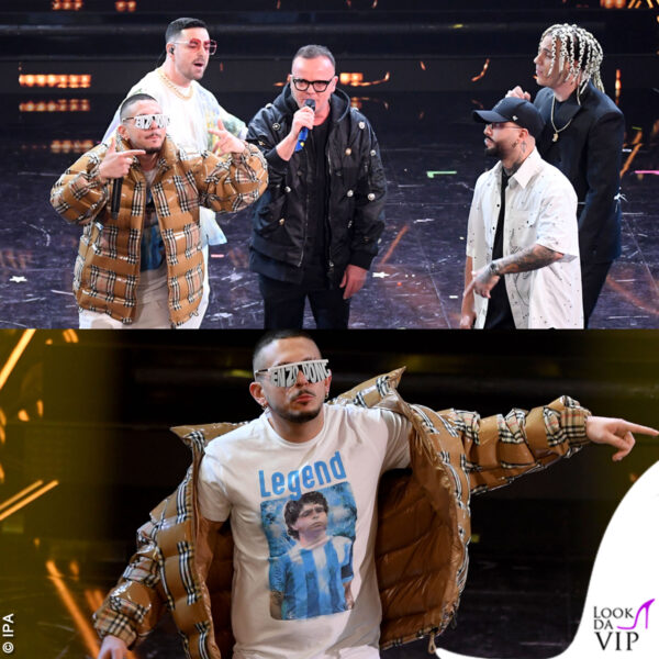 Gigi D'Alessio si esibisce con i rapper napoletani e sul palco dell'Ariston ecco spuntare Maradona 