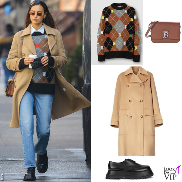 maglione, cappotto, borsa e scarpe Burberry