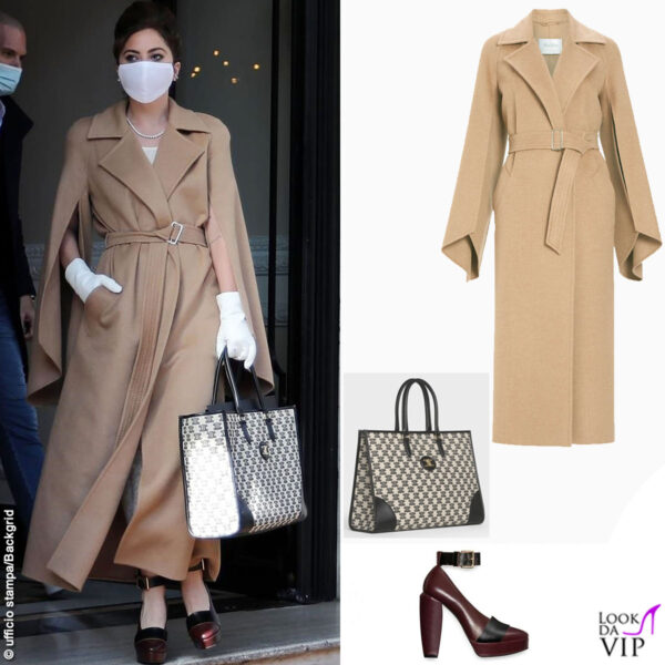 Lady Gaga esce dall'hotel con cappotto Max Mara, scarpe Marni, borsa Celine