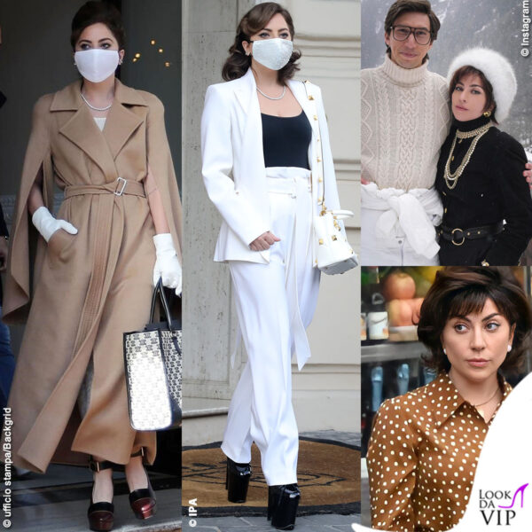 Lady Gaga Patrizia Reggiani cappotto Max Mara scarpe Marni borsa Celine tailleur Max Mara scarpe Pleaser borsa Valentino mascherina Michael Ngo house of gucci