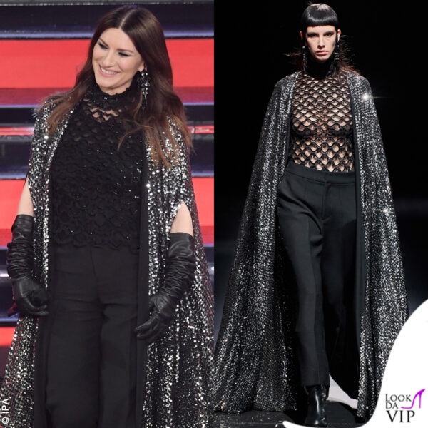 Laura Pausini firmata Valentino: l'outfit che ha appena sfilato in collezione prevedeva delle trasparenze ben più audaci sotto la cappa