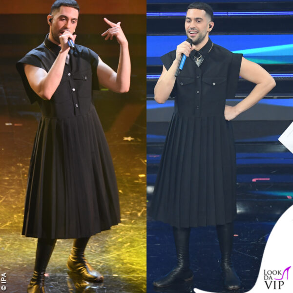 Mahmood a Sanremo con un abito nero Burberry 
