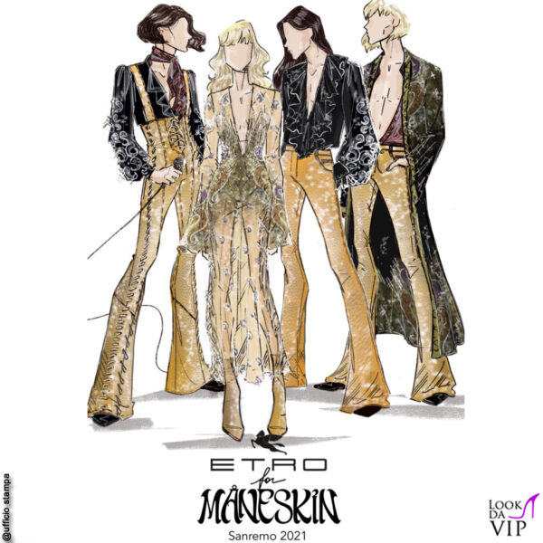 il bozzetto di uno dei look Etro pensati per i Maneskin