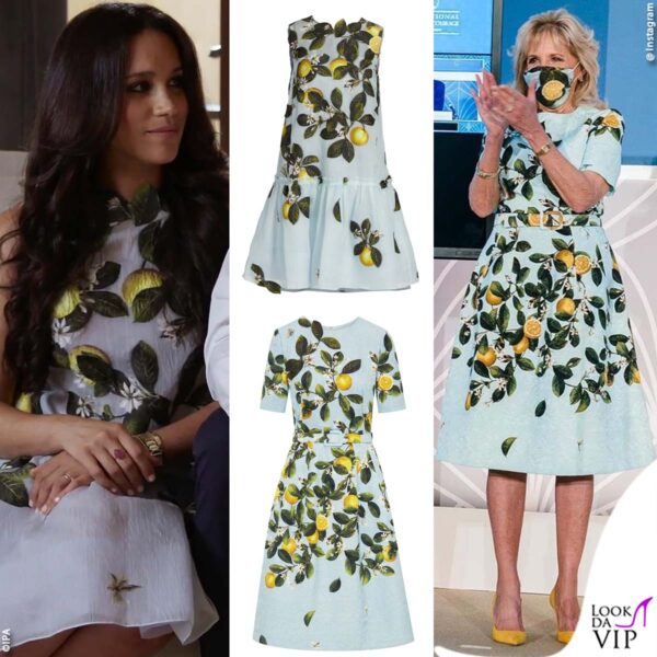 i due abiti di Oscar de la Renta con la stampa di limoni indossati da Meghan Markle e Jill Biden
