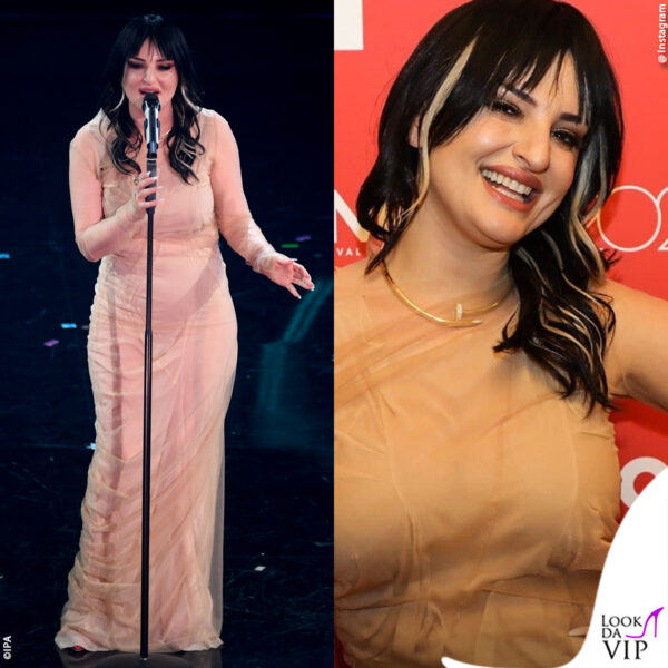 Arisa con un abito effetto nude look di Martin Margiela abbinato alla collana Juste un Clou di Cartier da 99mila euro