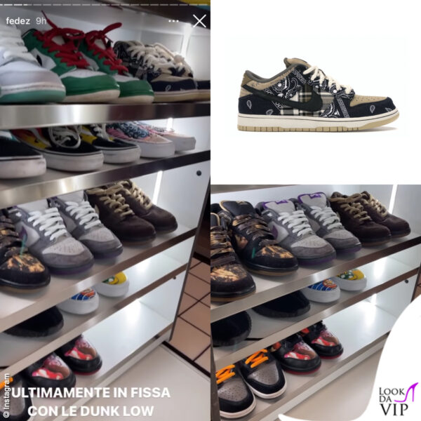 Sul ripiano più alto le Nike SB Dunk Low disegnate da Travis Scott: il valore si aggira intorno ai 2mila euro