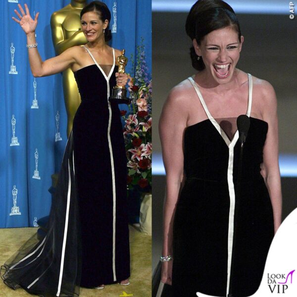 Oscar 2001: Julia Roberts sfida un tabù e indossa un abito Valentino riciclato (l'aveva indossato Lorella Cuccarini nel 1993 a Sanremo)