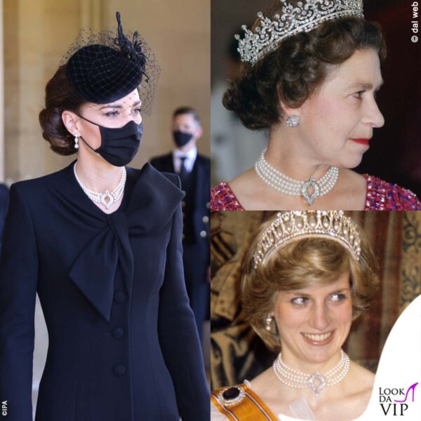 Kate con il Four Row Japanese Pearl Chocker, il collier di perle indossato in passato dalla Regina e da Lady Diana 