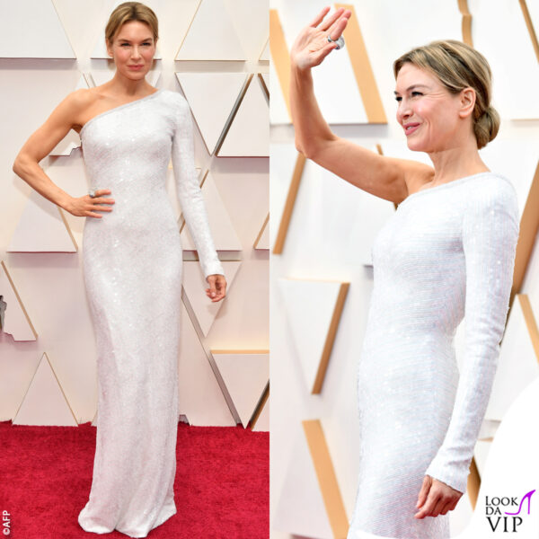 Oscar 2020: Un abito a colonna di Armani Privé, bianco e coperto da cristalli tubolari per Renée Zellweger, vincitrice del premio come miglior attrice protagonista