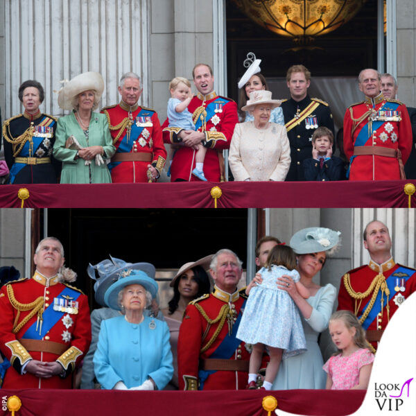 gli uomini della Royal Family in uniforme al Trooping the Colour nel 2015 e nel 2018