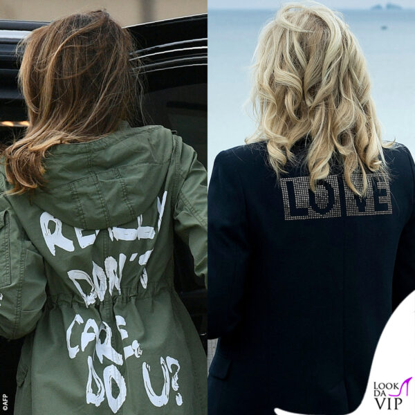Schiene a confronto: a sinistra Melania Trump con il parka Zara dalla scritta irriverente, a destra Jill Biden 