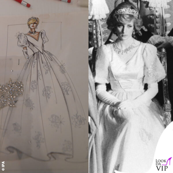 Il bozzetto dell'abito "principesco" che Lady Diana ha indossato nel 1981 per la sua prima partecipazione all'apertura dei lavori del Parlamento