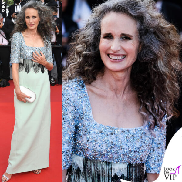 Andie MacDowell al Festival di Cannes sfoggia la chioma grigia (abito Prada)