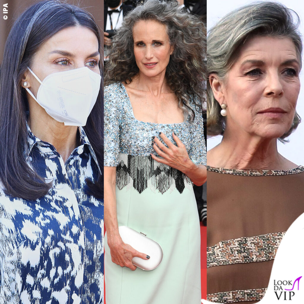 Andie MacDowell letizia di Spagna Carolina di Monaco capelli grigi