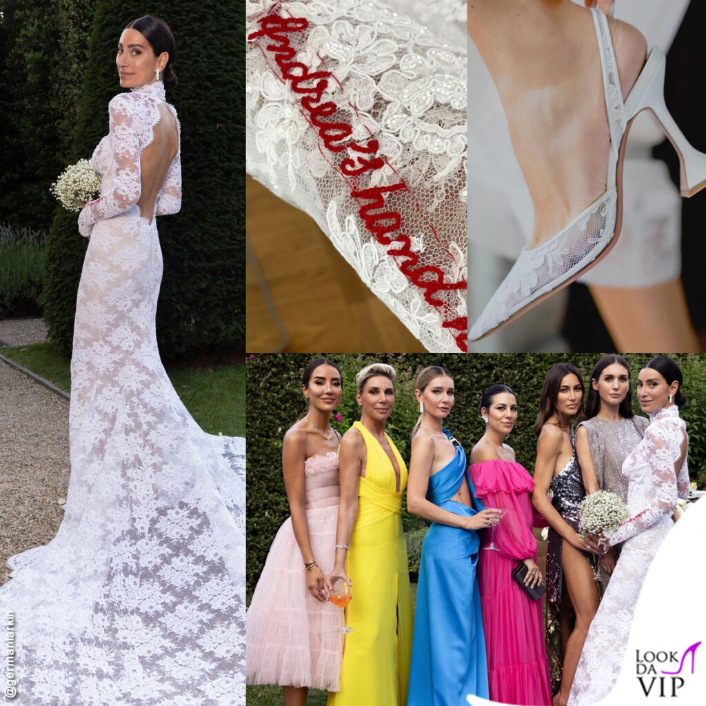 Giorgia Gabriele abito da sposa OffWhite scarpe Amina Muaddi look invitate vip alle nozze