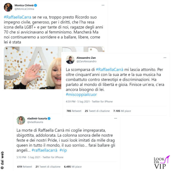 Il saluto social a Raffaella di Monica Cirinnà, Alessandro Zan e Vladimir Luxuria