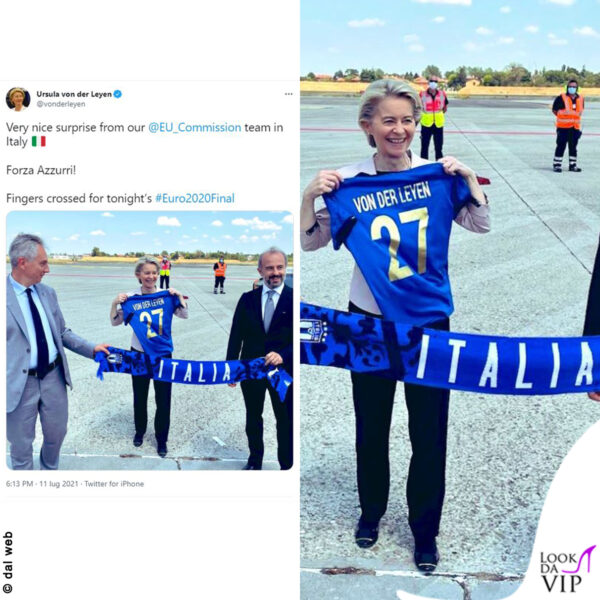 Ursula von der Leynen, con la maglia Azzurra della Nazionale Italiana, ha twittato "Forza Azzurri"