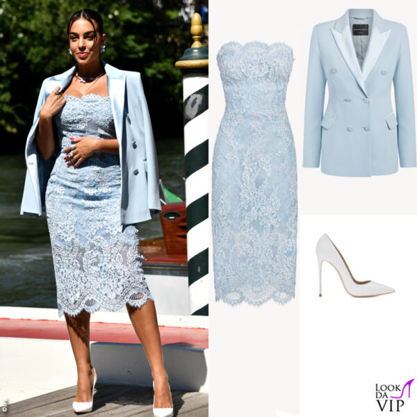 Georgina Rodriguez (in Ermanno Scervino, gioielli Pasquale Bruni, pump Le Silla)