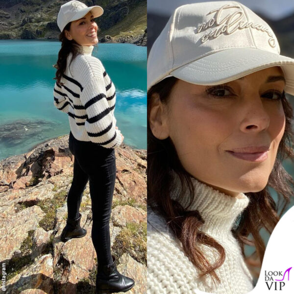 Un look giocato sul bianco e nero pe la gita al lago: jeans, pullover e cappellino... semplicemente perfetto