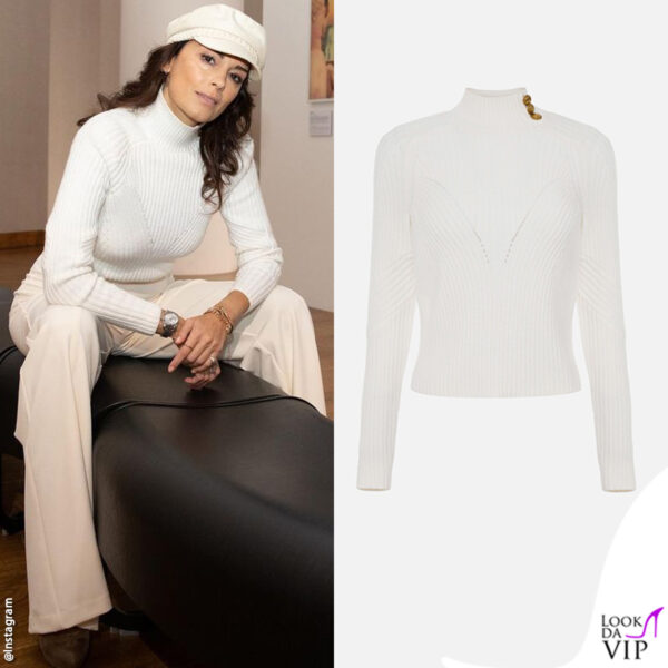 total white per Giorgia, con maglione Elisabetta Franchi
