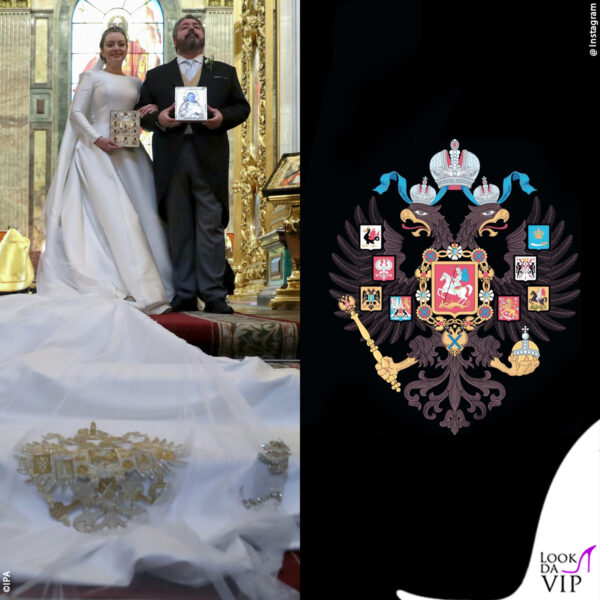 sullo strascico dell'abito della sposa, firmato Reem Acra, è stato ricamato lo stemma dei Romanov 