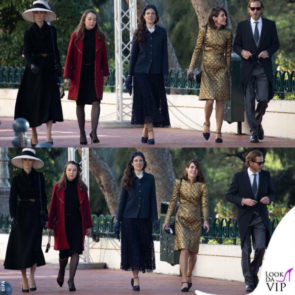 le reali di Monaco, accompagnate da Andrea Casiraghi, si dirigono alla celebrazione della messa, in occasione della Festa Nazionale 