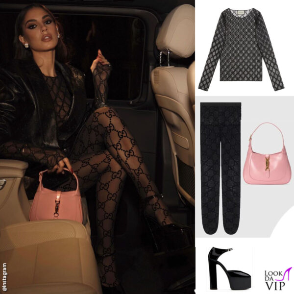 Alla prima milanese del film "House of Gucci": look Gucci, scarpe Giuseppe Zanotti, gioielli Damiani