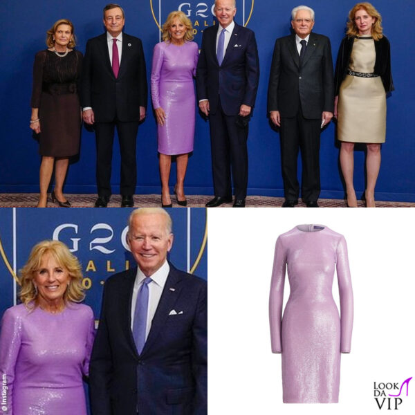 per la cena con i leader Jill Biden ha indossato un abito lilla di Ralph Lauren ricoperto di paillettes 