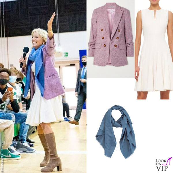 giacca Veronica Beard, abito Akris, foulard Salvatore Ferragamo, stivali Stuart Weitzman 