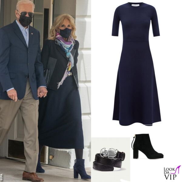 per volare in Italia Jill Biden ha indossato un abito Gabriela Hearst, stivaletti Stuart Weitzman e una cintura Claris Virot 
